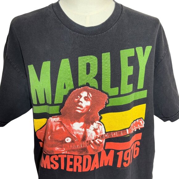 Vintage 90s Y2K Bob Marley Amsterdam 1976 Graphic TShirt 1X Black Reggae Tee - Picture 2 of 7